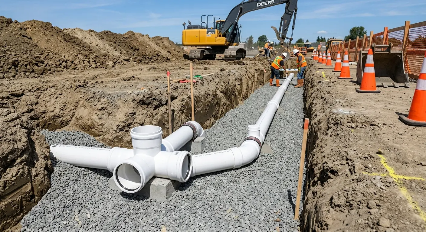 New PVC sewer pipe installation in open trench for Commercial Drain Cleaning in Grandwood Park