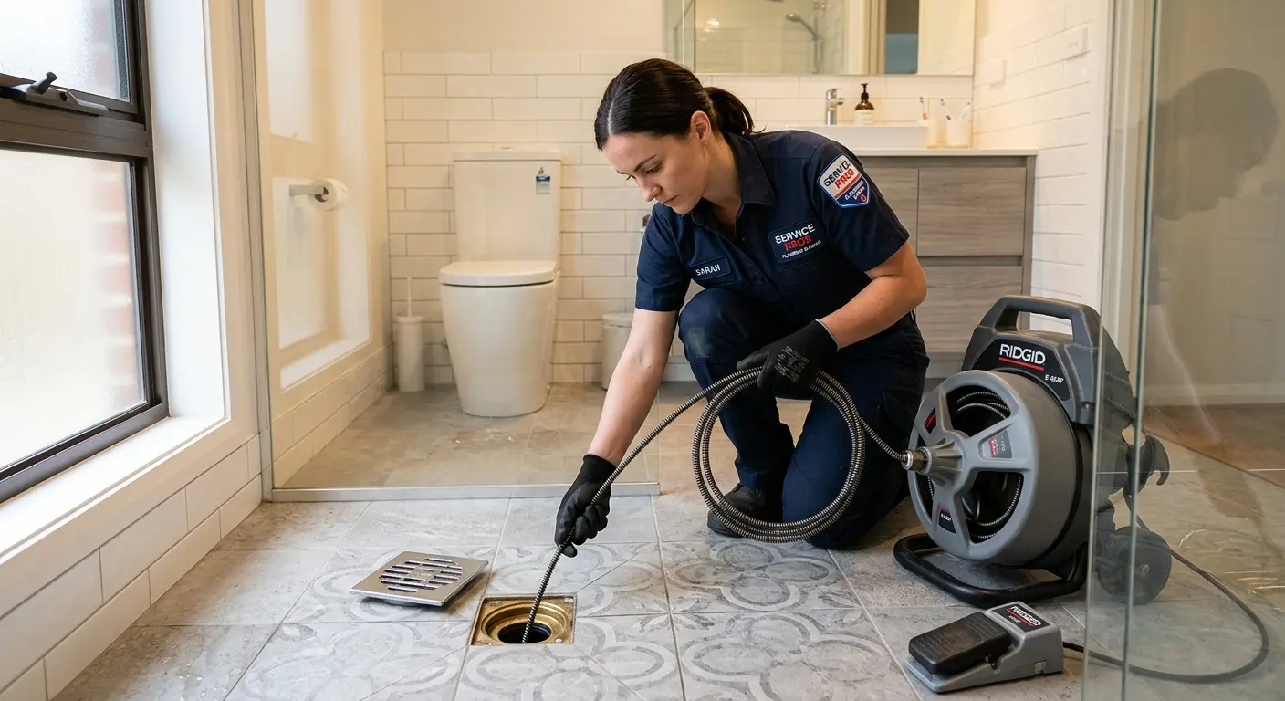 Technician clearing a bathroom floor drain for Clogged Drain Repair in Grandwood Park